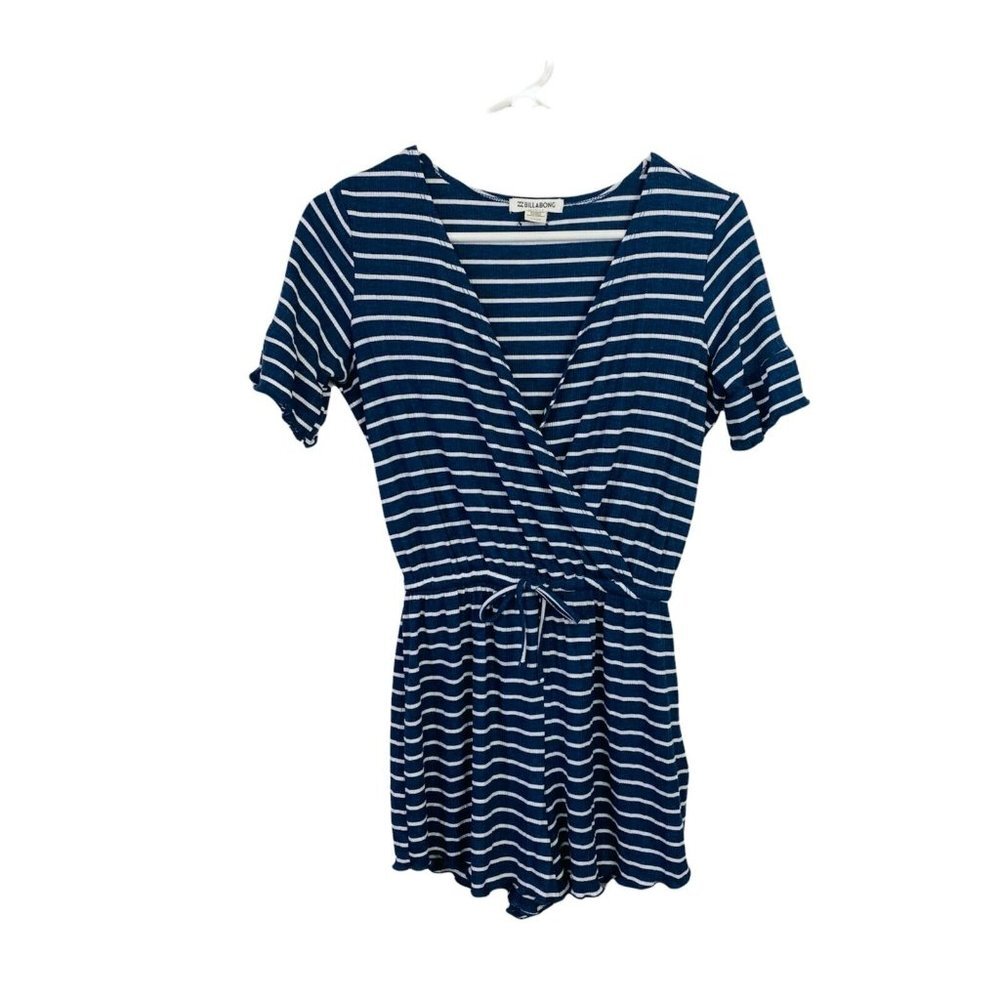 Billabong Navy Blue White Striped S SMALL Vneck Faux Wrapped Short Sleeve Romper